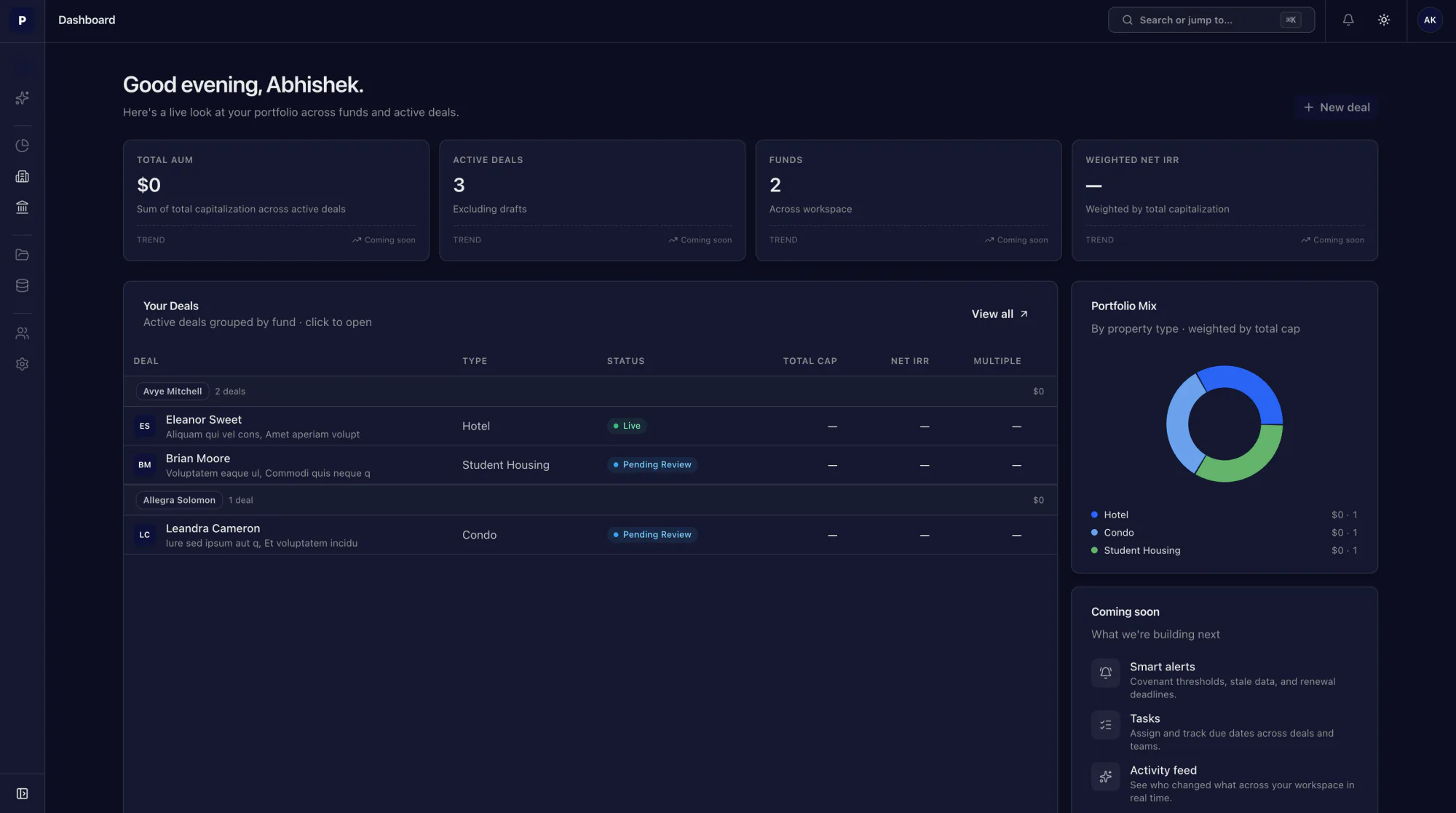 Workspace dashboard: portfolio totals, active deals grouped by fund with their review status, and the property mix