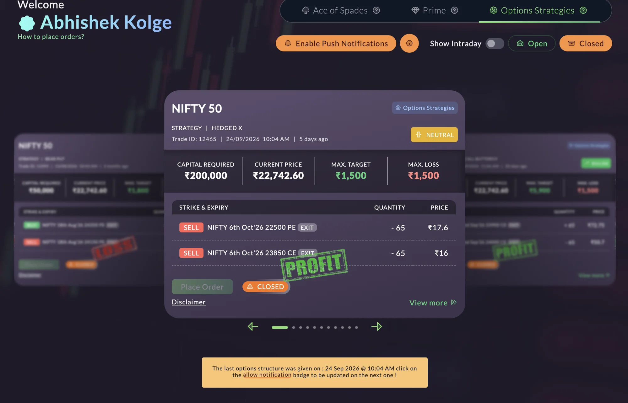 A published idea in the app today: the structure, the capital it needs, the most it can make and the most it can lose, with placing the order left to your own broker