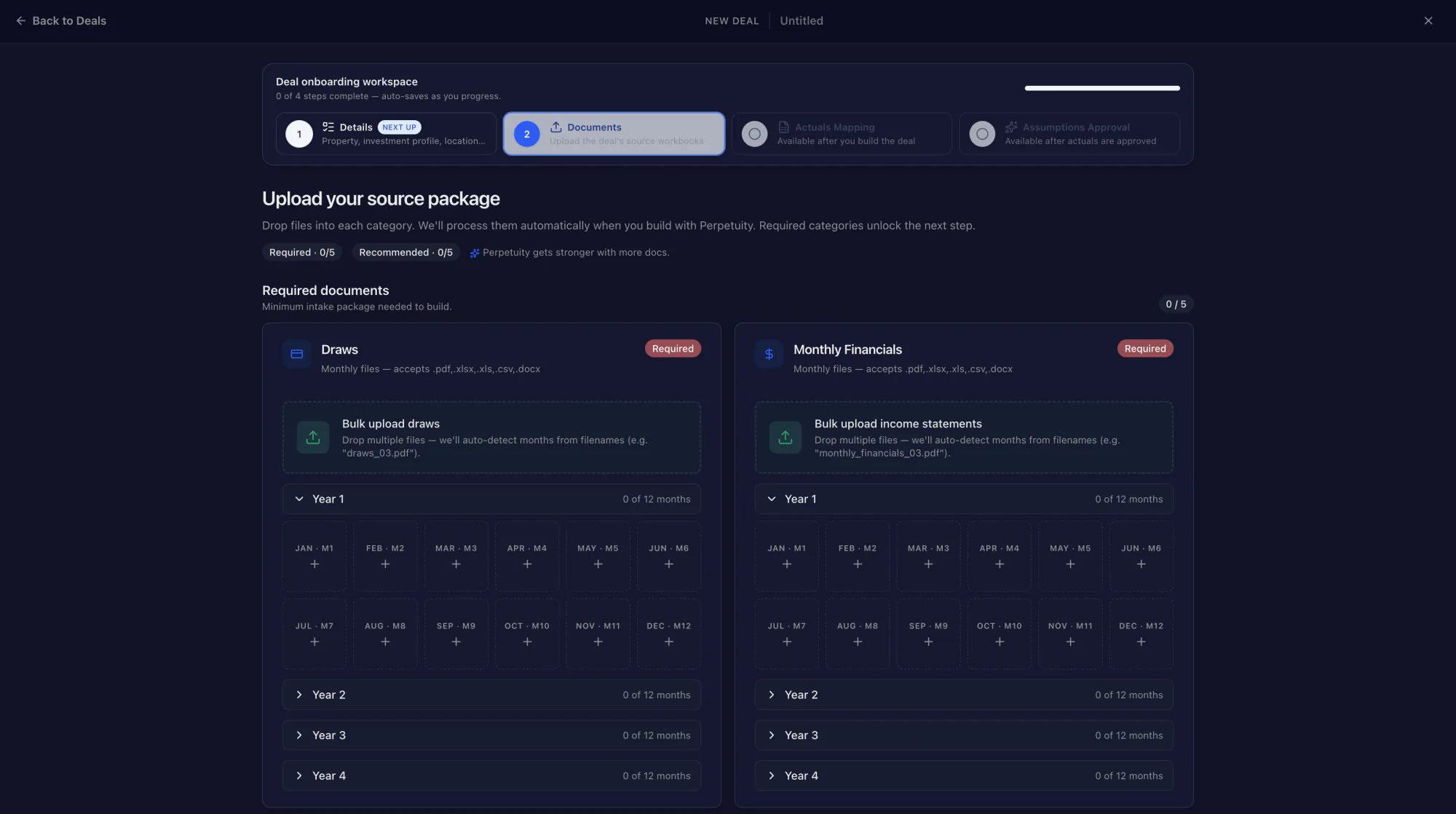 Deal onboarding: the source package, each category with a slot per month and bulk upload that reads months off the filenames