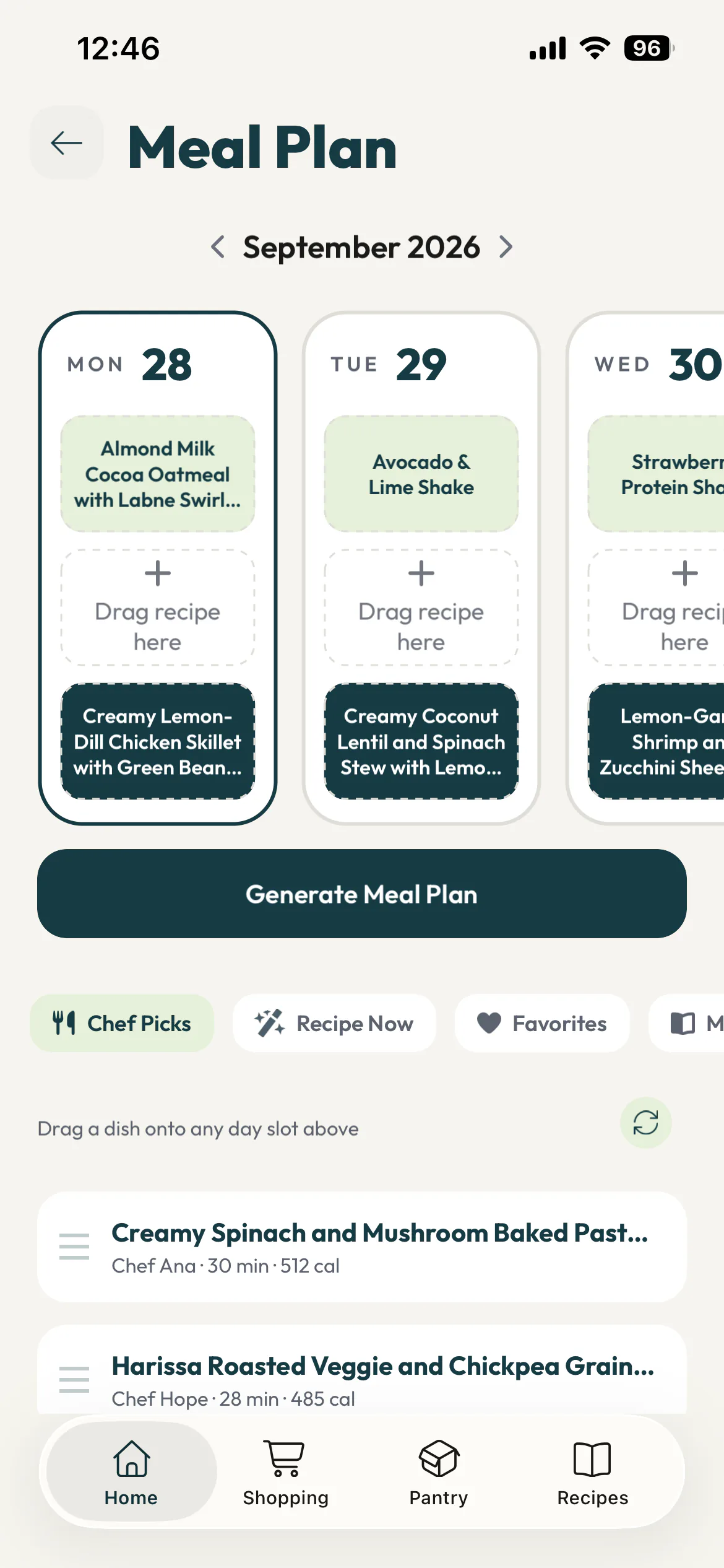 Meal Plan: a week of slots you drag recipes onto, or generate in one go