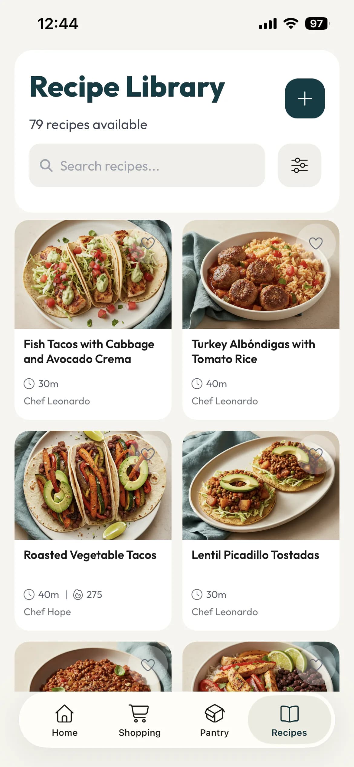 Recipe Library: 79 recipes, searchable and filterable by chef